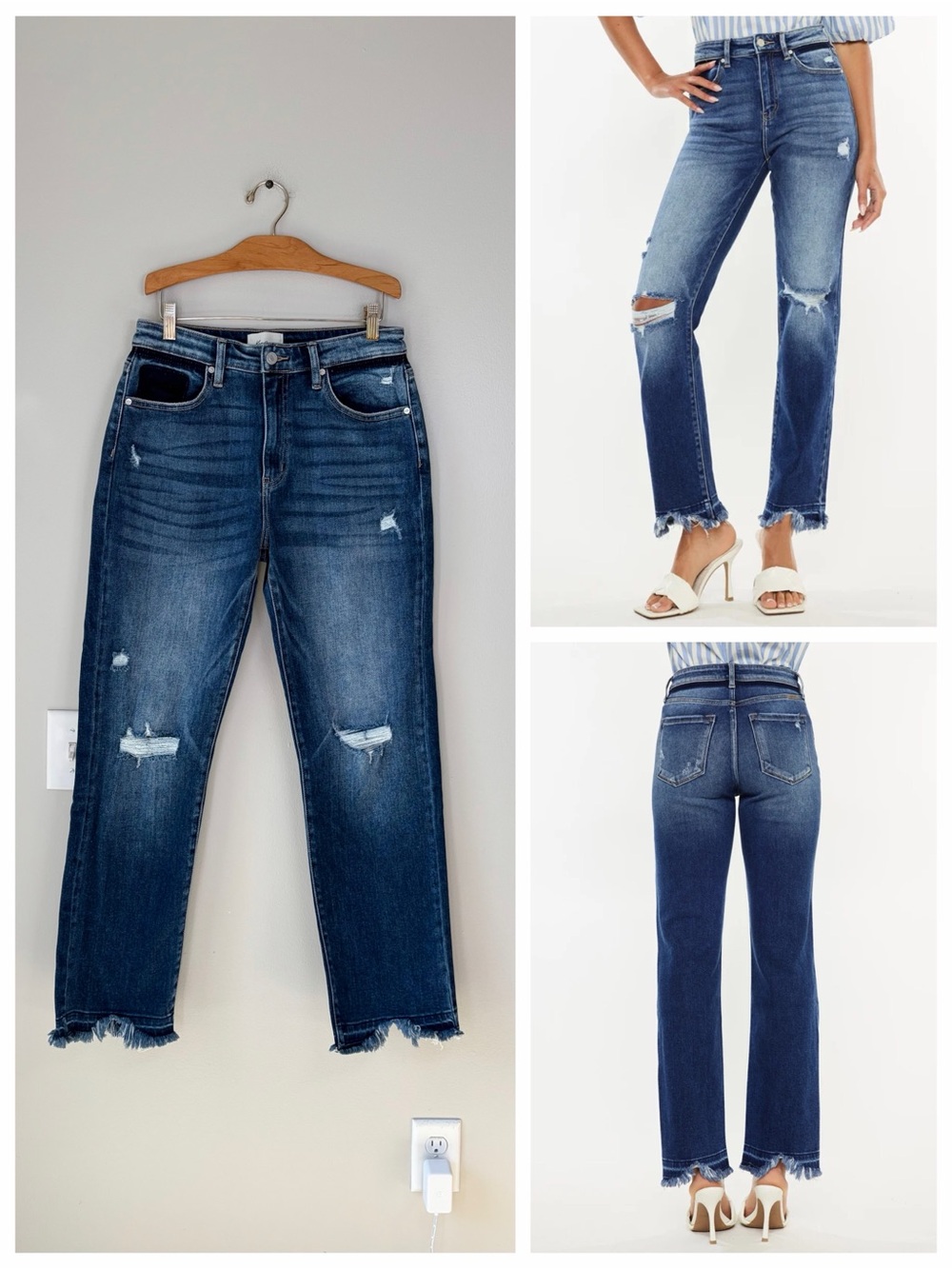 Kancan Dark Wash Distressed Peach High Rise Slim Straight Jeans Stretch Sz 9/28